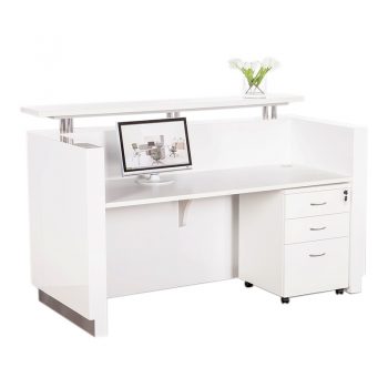 Aria White Gloss Reception Desk, Inside. Shown with Optional Drawer Unit