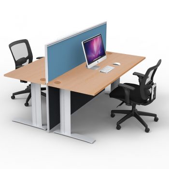 Smart 2-Way Straight Desk Pod with One Floor Standing Screen Divider, Beech Desk Tops, Blue Screen Fabric