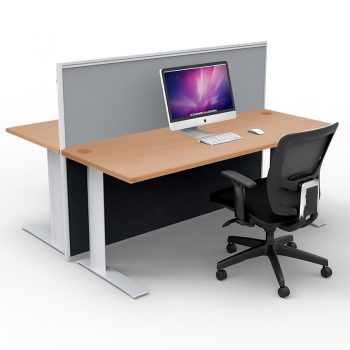 Smart 2-Way Straight Desk Pod with One Floor Standing Screen Divider, Beech Desk Tops, Grey Screen Fabric