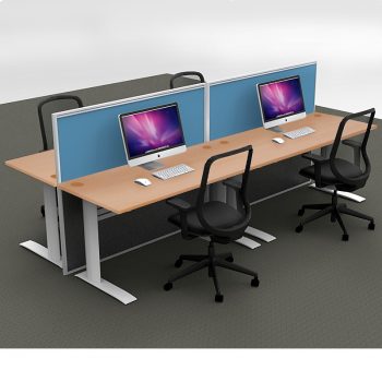 Smart 4-Way Straight Desk Pod with Two Floor Standing Screen Dividers, Beech Desk Tops, Blue Screen Fabric