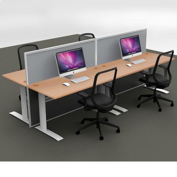 Smart 4-Way Straight Desk Pod with Two Floor Standing Screen Dividers, Beech Desk Tops, Grey Screen Fabric