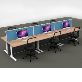 Smart 6-Way Straight Desk Pod with Three Floor Standing Screen Dividers, Beech Desk Tops, Blue Screen Fabric