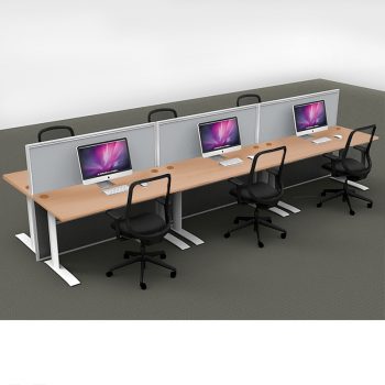 Smart 6-Way Straight Desk Pod with Three Floor Standing Screen Dividers, Beech Desk Tops, Grey Screen Fabric