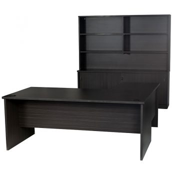 Elite Desk and Left Hand Attached Return, Sliding Door Credenza with Hutch