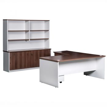 Essential Straight Desk with Left Hand Attached Return, Sliding Door Credenza and Hutch