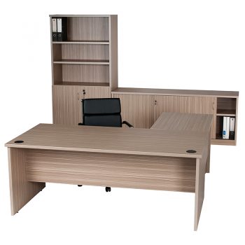 Primo Desk and Left Hand Attached Return, Wall Unit with Sliding Door Credenza