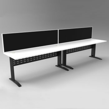 Smart 2 Inline Desks, Satin Black Base with White Tops and 2 Modular Express Screen Dividers