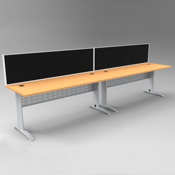 Smart 2 Inline Desks, Silver Base with Beech Desk Tops and 2 Modular Express Screen Dividers