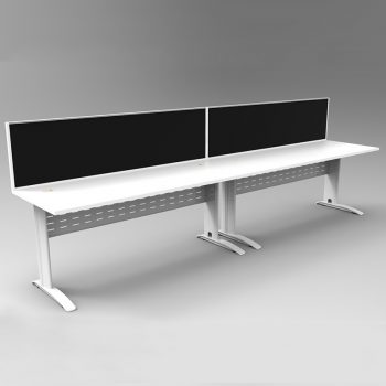 Smart 2 Inline Desks, White Base with White Tops and 2 Modular Express Screen Dividers