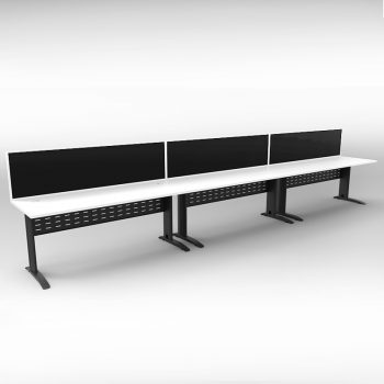 Smart 3 Inline Desks, Satin Black Base with White Tops and 3 Modular Express Screen Dividers