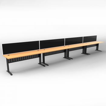 Smart 4 Inline Desks, Satin Black Base with Beech Tops and 4 Modular Express Screen Dividers