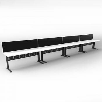 Smart 4 Inline Desks, Satin Black Base with White Tops and 4 Modular Express Screen Dividers