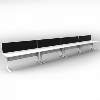 Smart 4 Inline Desks, White Base with White Tops and 4 Modular Express Screen Dividers