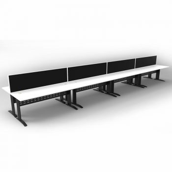 Smart 8 Back to Back Desks, Satin Black Base with White Tops and 4 Modular Express Screen Dividers