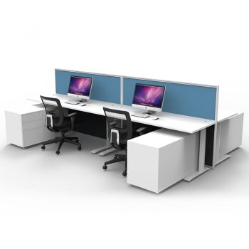 Smart 4 Back to Back Desks with 2 Floor Standing Screen Dividers and Storage Caddies