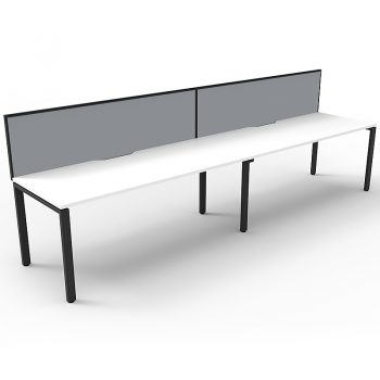 Supreme Desk, 2 Person In-Line, White Desk Tops, Black Under Frame, with Grey Screen Dividers