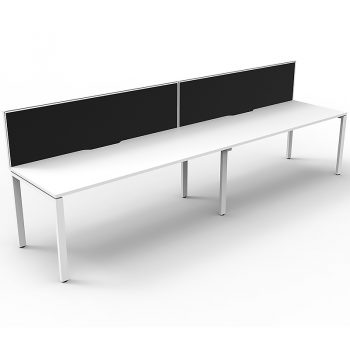 Supreme Desk, 2 Person In-Line, White Desk Tops, White Under Frame, with Black Screen Dividers