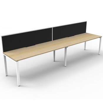 Supreme Desk, 2 Person In-Line, Natural Oak Desk Tops, White Under Frame, with Black Screen Dividers