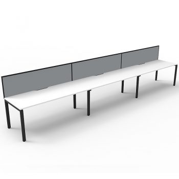 Supreme Desk, 3 Person In-Line, White Desk Tops, Black Under Frame, with Grey Screen Dividers