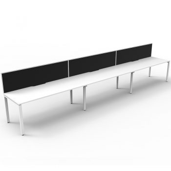 Supreme Desk, 3 Person In-Line, White Desk Tops, White Under Frame, with Black Screen Dividers