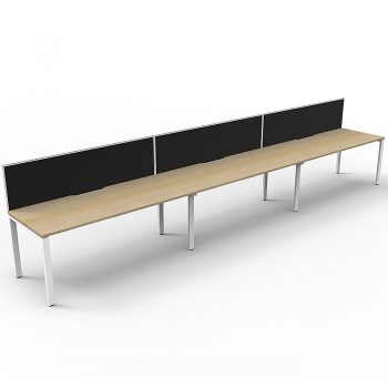 Supreme Desk, 3 Person In-Line, Natural Oak Desk Tops, White Under Frame, with Black Screen Dividers