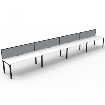 Supreme Desk, 4 Person In-Line, White Desk Tops, Black Under Frame, with Grey Screen Dividers