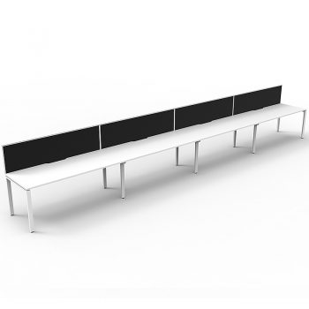 Supreme Desk, 4 Person In-Line, White Desk Tops, White Under Frame, with Black Screen Dividers