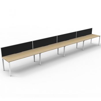 Supreme Desk, 4 Person In-Line, Natural Oak Desk Tops, White Under Frame, with Black Screen Dividers