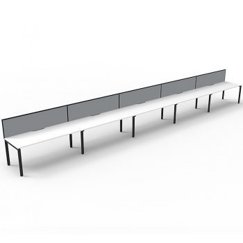 Supreme Desk, 5 Person In-Line, White Desk Tops, Black Under Frame, with Grey Screen Dividers