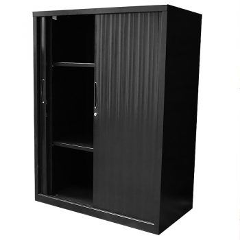 Black tambour door cupboard, open