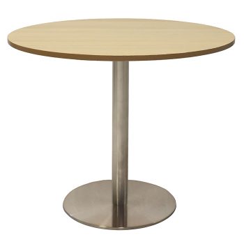 Vogue Round Meeting Table, Natural Oak Table Top, Stainless Steel Table Base